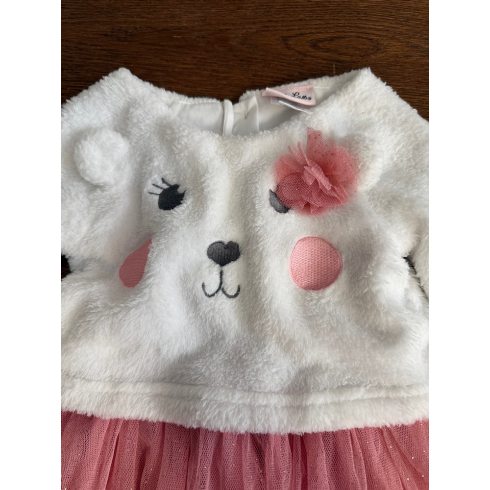Little Lass Girls 3T Bear Face Faux Fur Pink Tulle Dress Holiday Party - Picture 2 of 6